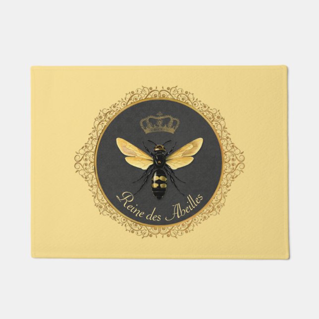 Elegant French Queen Bee Gray Gold Yellow Doormat (Front)