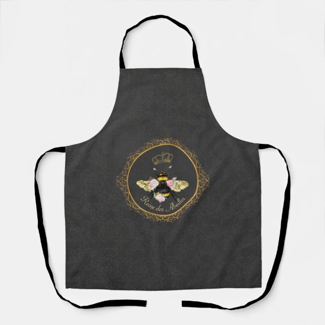 Elegant French Queen Bee Pink Roses Gray Gold Apron (Front)