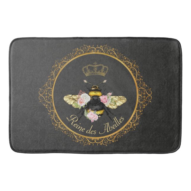 Elegant French Queen Bee Pink Roses Gray Gold  Bath Mat (Front)
