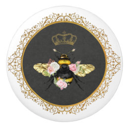 Elegant French Queen Bee Pink Roses Gray Gold Ceramic Knob