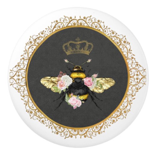 Elegant French Queen Bee Pink Roses Gray Gold Ceramic Knob