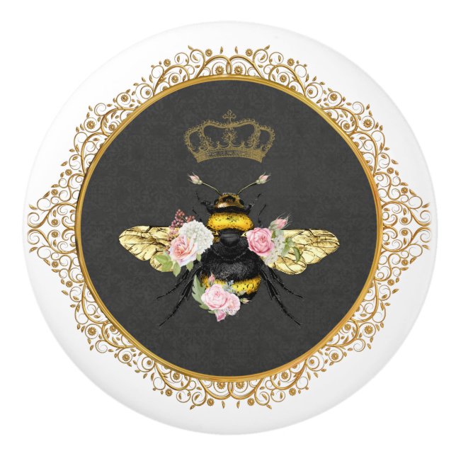 Elegant French Queen Bee Pink Roses Gray Gold Ceramic Knob (Front)