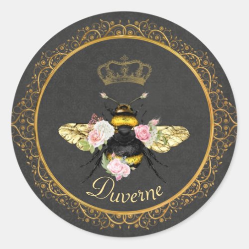Elegant French Queen Bee Pink Roses Gray Gold  Classic Round Sticker
