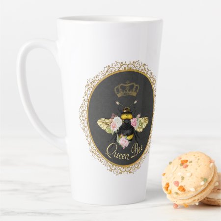 Elegant French Queen Bee Pink Roses Gray Gold Latte Mug