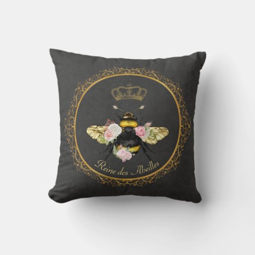 Elegant French Queen Bee Pink Roses Gray Gold Throw Pillow
