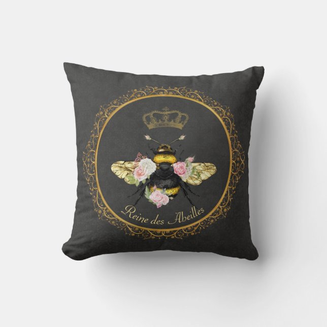 Elegant French Queen Bee Pink Roses Gray Gold Throw Pillow (Front)