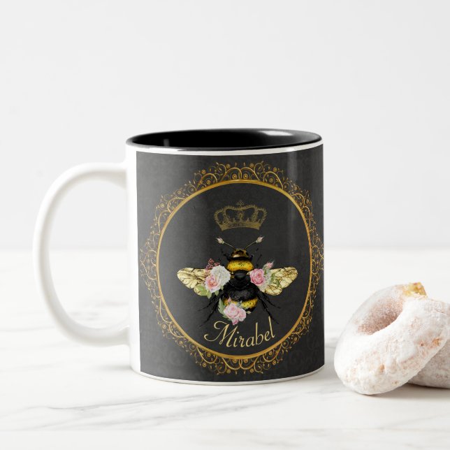 Elegant French Queen Bee Pink Roses Gray Gold  Two-Tone Coffee Mug (With Donut)