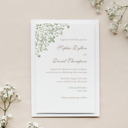 Elegant French Regency Green Fleur de Lis Pattern Invitation