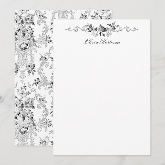Elegant French Rococo Black and White Floral Note Card (Front/Back)
