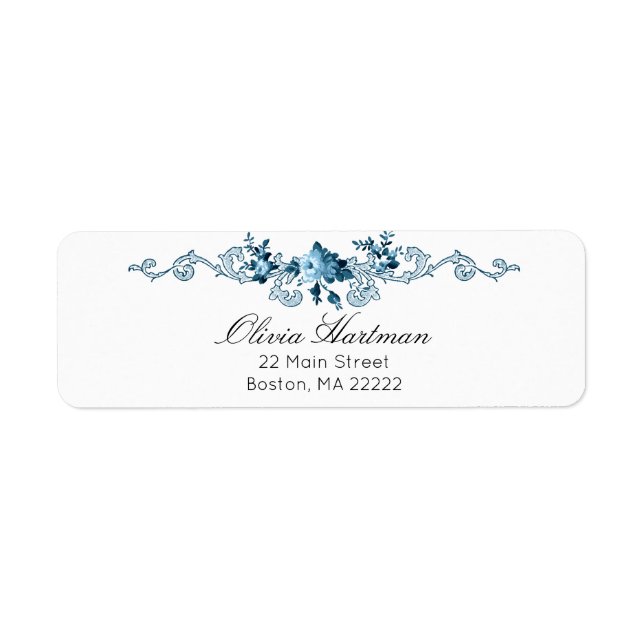 Elegant French Rococo Blue & White Floral Label (Front)