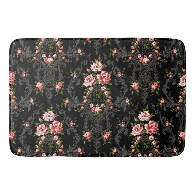 Elegant French Rococo Floral-Black Background  Bath Mat (Front)