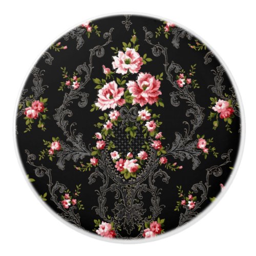 Elegant French Rococo Floral_Black Background  Ceramic Knob