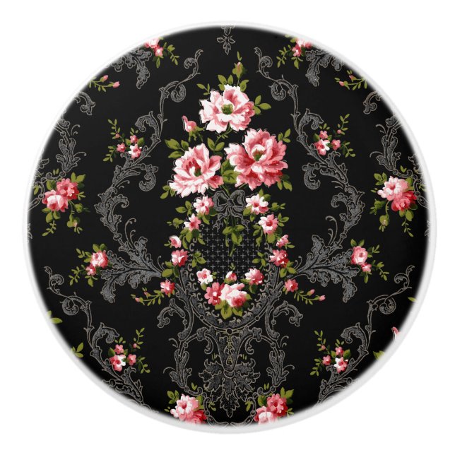 Elegant French Rococo Floral-Black Background  Ceramic Knob (Front)