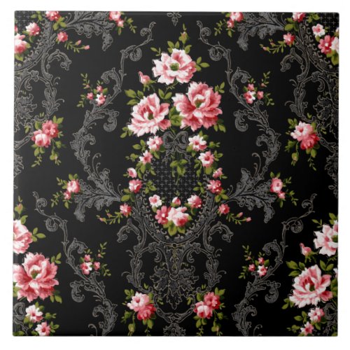 Elegant French Rococo Floral_Black Background  Ceramic Tile