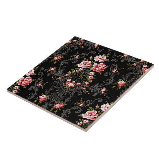Elegant French Rococo Floral-Black Background Ceramic Tile | Zazzle