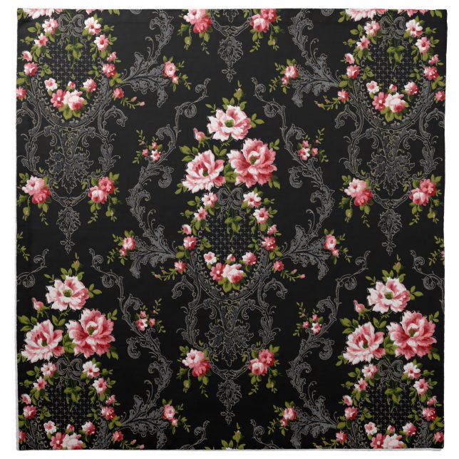 Elegant French Rococo Floral-Black Background Cloth Napkin (Front)