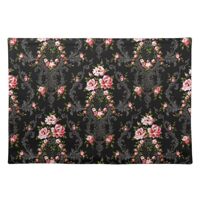 Elegant French Rococo Floral-Black Background  Cloth Placemat (Front)