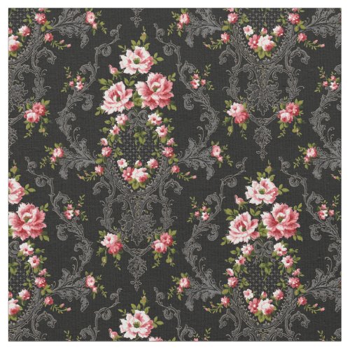 Elegant French Rococo Floral_Black Background Fabric