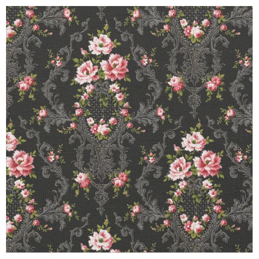 Elegant French Rococo Floral-Black Background Fabric
