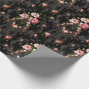Elegant French Rococo Floral-Black Background Wrapping Paper