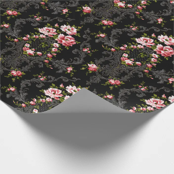 Elegant French Rococo Floral Black Background Wrapping Paper Zazzle Com