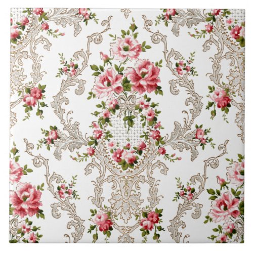 Elegant French Rococo Floral_White Background Ceramic Tile