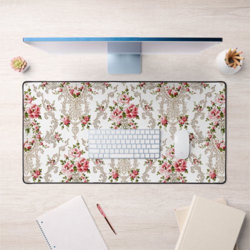 Elegant French Rococo Floral_White Background Desk Mat