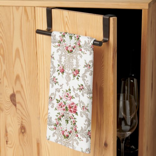 Elegant French Rococo Floral_White Background Kitchen Towel