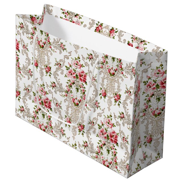 Elegant French Rococo Floral-White Background Large Gift Bag (Front Angled)
