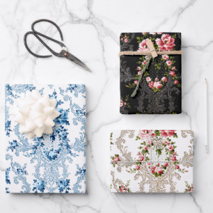 Elegant French Rococo Floral-White, Black, Blue Wrapping Paper Sheets