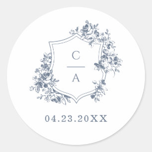 Elegant French Roses Blue Botanical Crest Envelope Classic Round Sticker