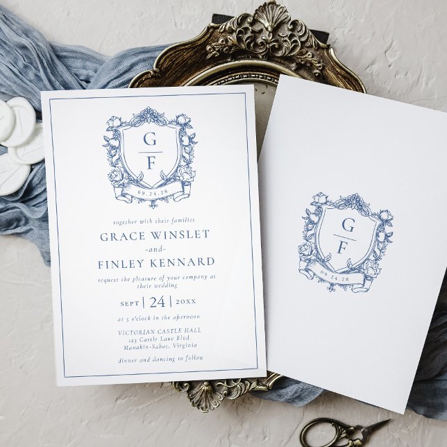Elegant French Roses Blue Monogram Crest Wedding Invitation (Creator Uploaded)
