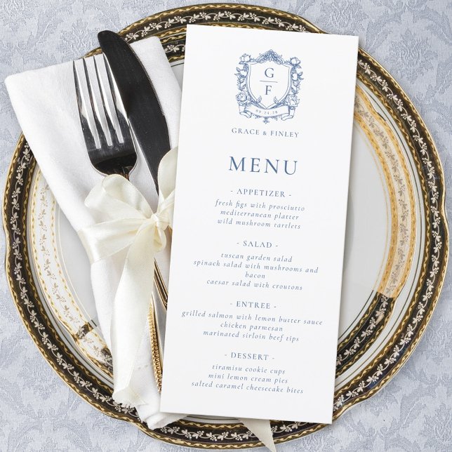 Elegant French Roses Blue Monogram Crest Wedding Menu (Creator Uploaded)