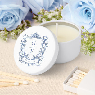 Elegant French Roses Blue Monogram Crest Wedding Mini Candle Favors