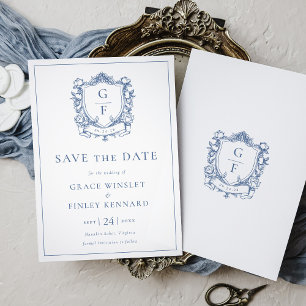 Elegant French Roses Blue Monogram Crest Wedding Save The Date