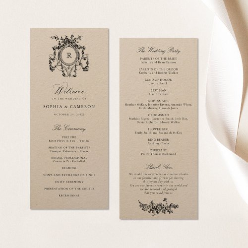 Elegant French Roses Crest Kraft Paper Wedding Program