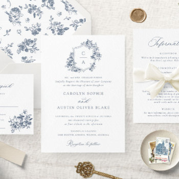 Elegant French Roses Floral Blue Crest Wedding Invitation by CheriDesigns at Zazzle