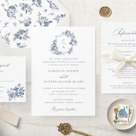 Elegant French Roses Floral Blue Crest Wedding Invitation