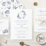 Elegant French Roses Floral Blue Crest Wedding Invitation