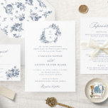Elegant French Roses Floral Blue Crest Wedding Invitation at Zazzle
