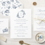 Elegant French Roses Floral Blue Crest Wedding Invitation<br><div class="desc">Elegant French Roses Floral Vintage Crest Wedding Invitation,  Traditional Wedding Invitation,  Floral Dusty Blue Wedding Monogram Crest</div>
