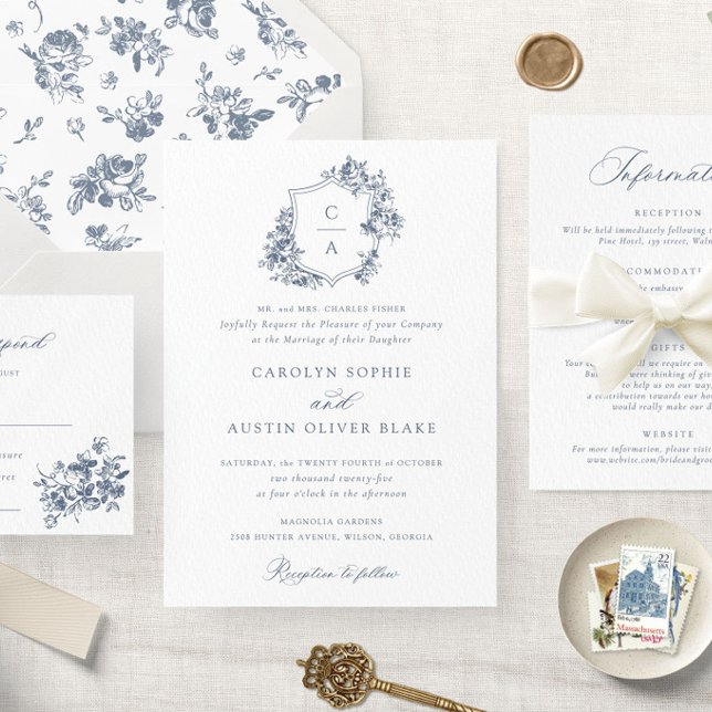 Elegant French Roses Floral Blue Crest Wedding Invitation (Creator Uploaded)