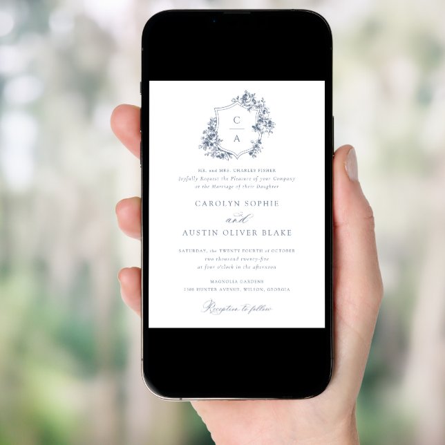 Elegant French Roses Floral Blue Crest Wedding Invitation (Front Digital)