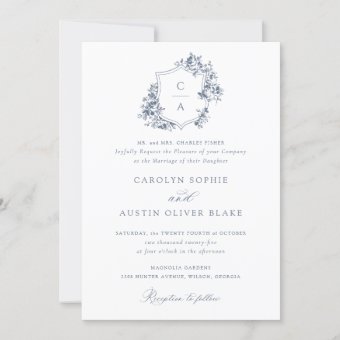 Elegant French Roses Floral Blue Crest Wedding Invitation | Zazzle