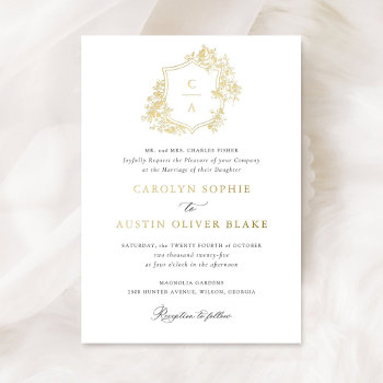 Elegant French Roses Floral Monogram Crest Wedding Foil Invitation by CheriDesigns at Zazzle