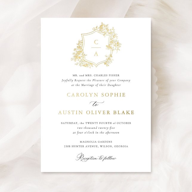 Elegant French Roses Floral Monogram Crest Wedding Foil Invitation (Creator Uploaded)