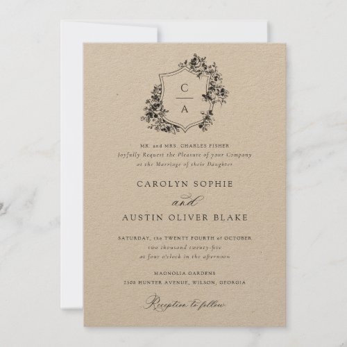 Elegant French Roses Floral Vintage Crest Wedding Invitation