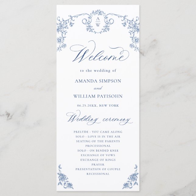 Elegant French Roses Garden Toile Wedding Ceremony Program (Front)