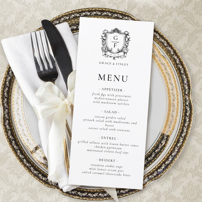 Elegant French Roses Monogram Crest Wedding Menu (Creator Uploaded)