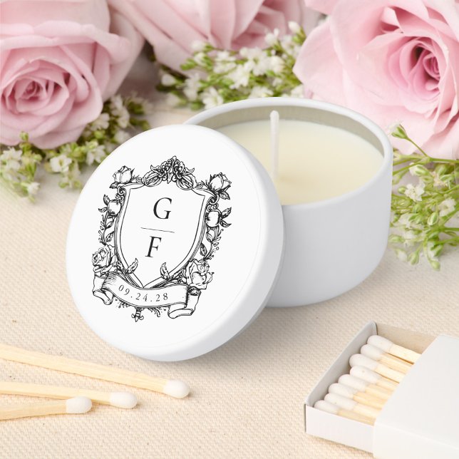 Elegant French Roses Monogram Crest Wedding Mini Candle Favors (Creator Uploaded)